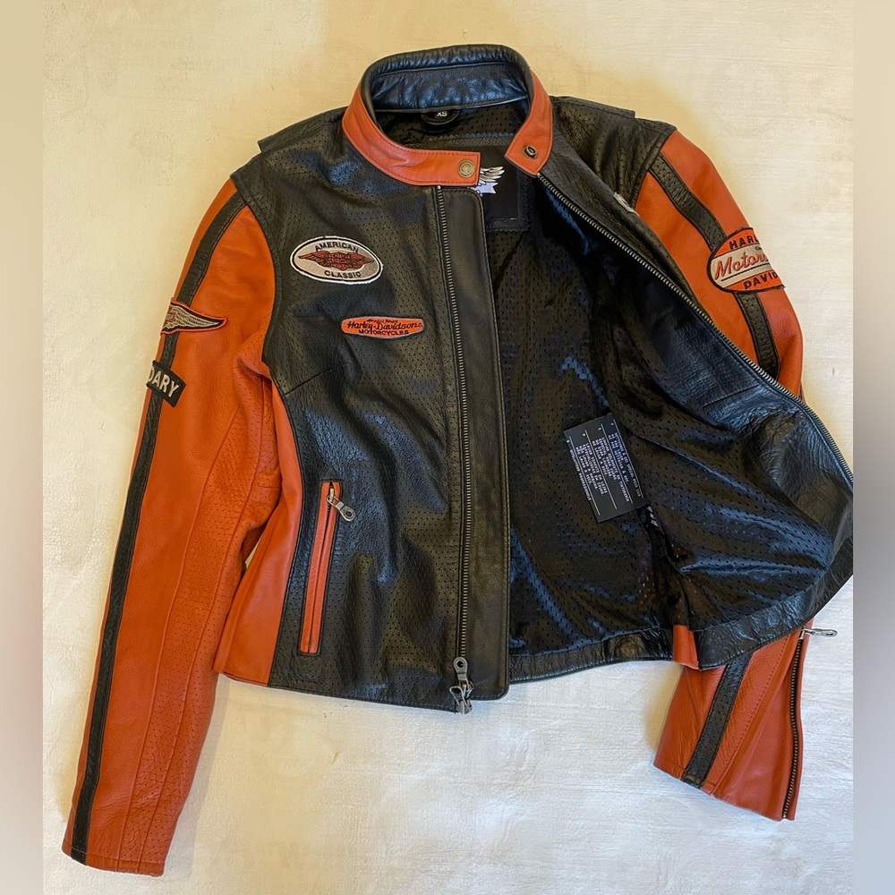 HARLEY DAVIDSON Colorblock Perforated Leather Patch Cafe Moto Jacket Size XS - Picture 2 of 9
